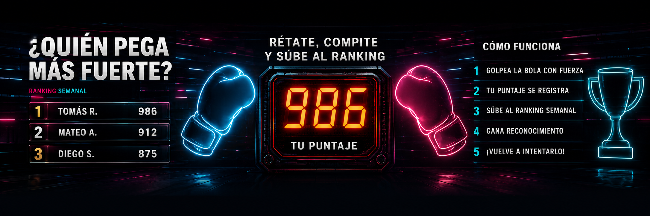 Banner neon de MMAQUINARIAS con ranking semanal, puntaje 986 y explicación de cómo funciona la máquina de boxeo.